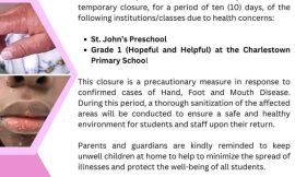 Nevis’ Dept. of Education announces temporary closures of St. John’s Pre-school and Grade 1 at CPS