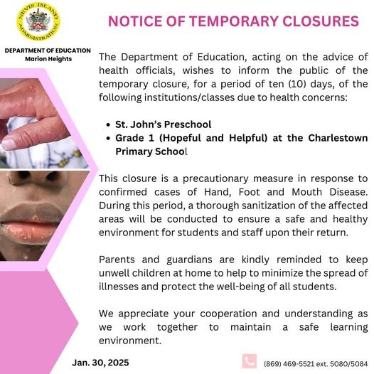 Read more about the article Nevis’ Dept. of Education announces temporary closures of St. John’s Pre-school and Grade 1 at CPS