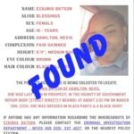 “Missing Person” -16-year-old “Blessings” found in good health